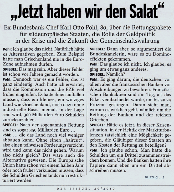 Otto Pöhl Griechenland, Schulden, Rettung